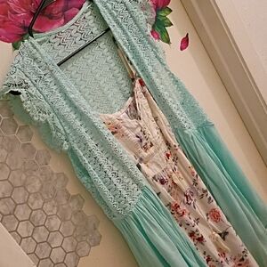 NoBo Floral Mini Dress & Turquoise Lace Cardigan Women's Size XL EUC